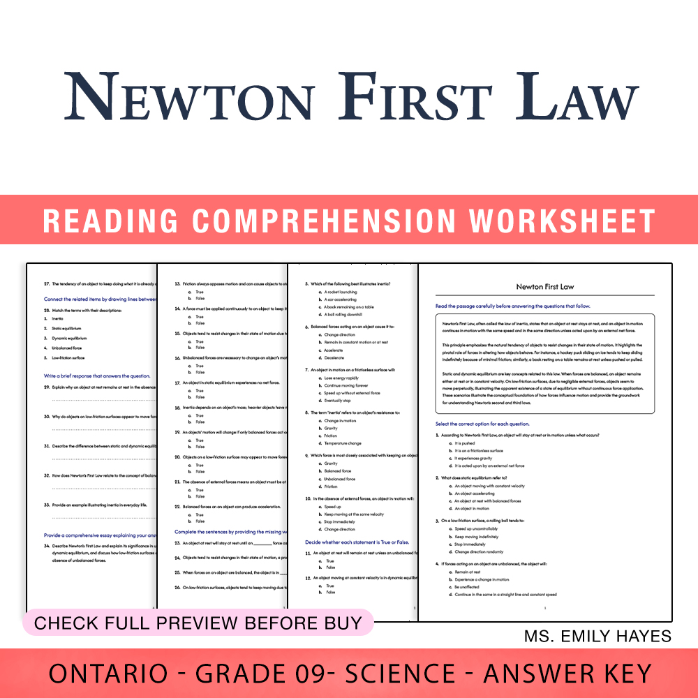 Grade 9 Science worksheet worksheet — Grade 9 Science | Newton's First Law Worksheet (PDF + Answer Key) — page 1