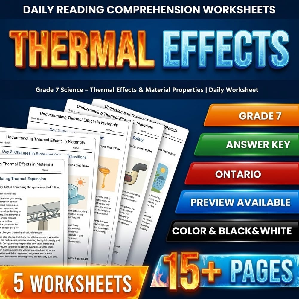Thermal Energy Grade 7 Science Daily Reading Worksheets Bundle | Ontario — included worksheet 12