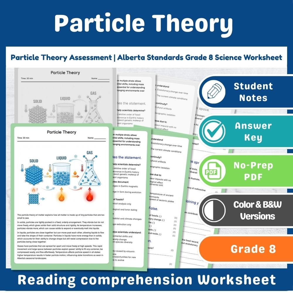 Grade 8 Science assessment worksheet — Particle Theory Assessment | Alberta Standards Grade 8 Science Worksheet — page 1