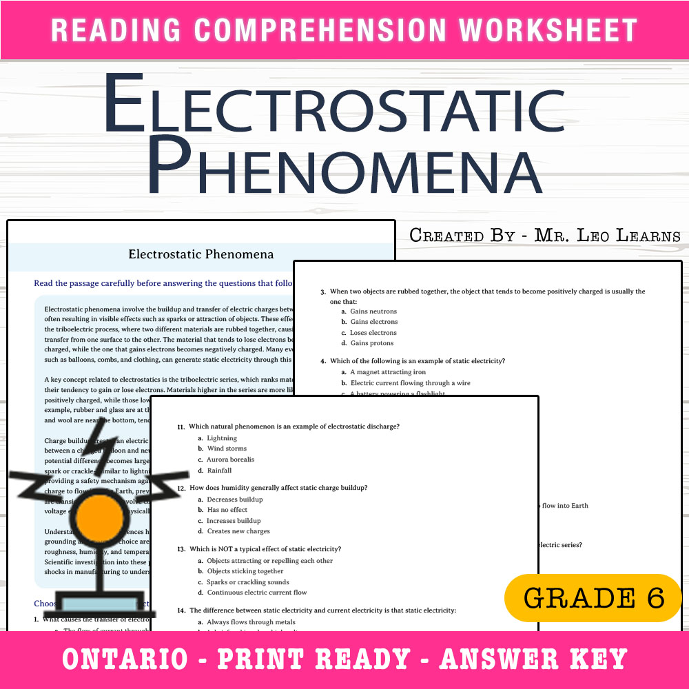 Grade 6 Science worksheet worksheet — Grade 6 Science — Electrostatic Phenomena Worksheet for Mastery — page 1