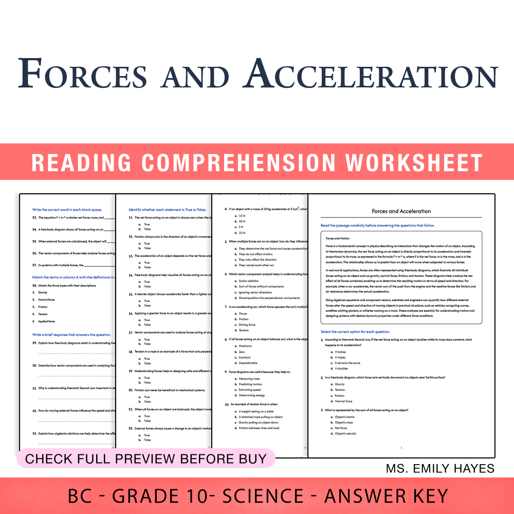 Grade 10 Science worksheet worksheet — 10th Grade Science | Forces and Acceleration Worksheet (PDF+ Answer Key) — page 1