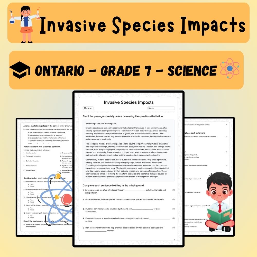 Grade 7 Science worksheet worksheet — Grade 7 Science | Invasive Species Impacts Worksheet (PDF ) — page 1