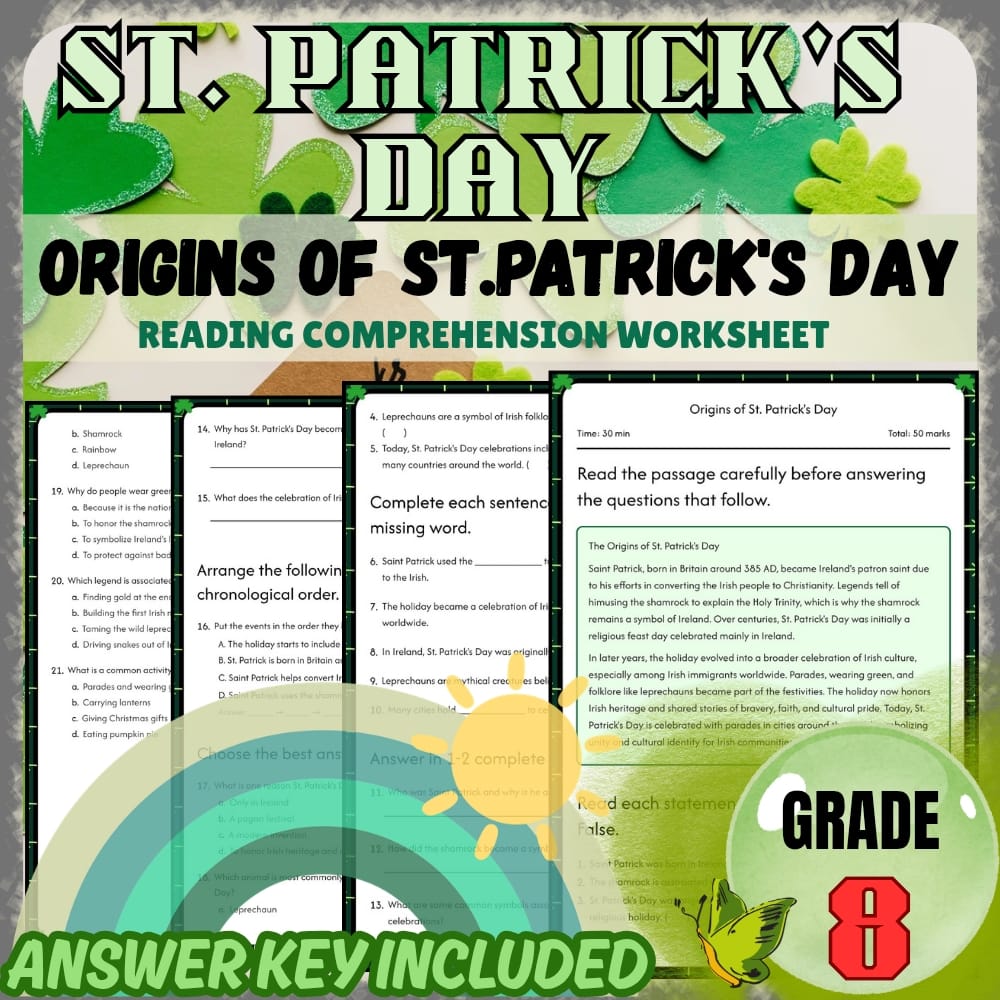 Grade 8 Holiday Worksheets Bundle | St. Patrick's Day Irish Culture & Folklore — included worksheet 6