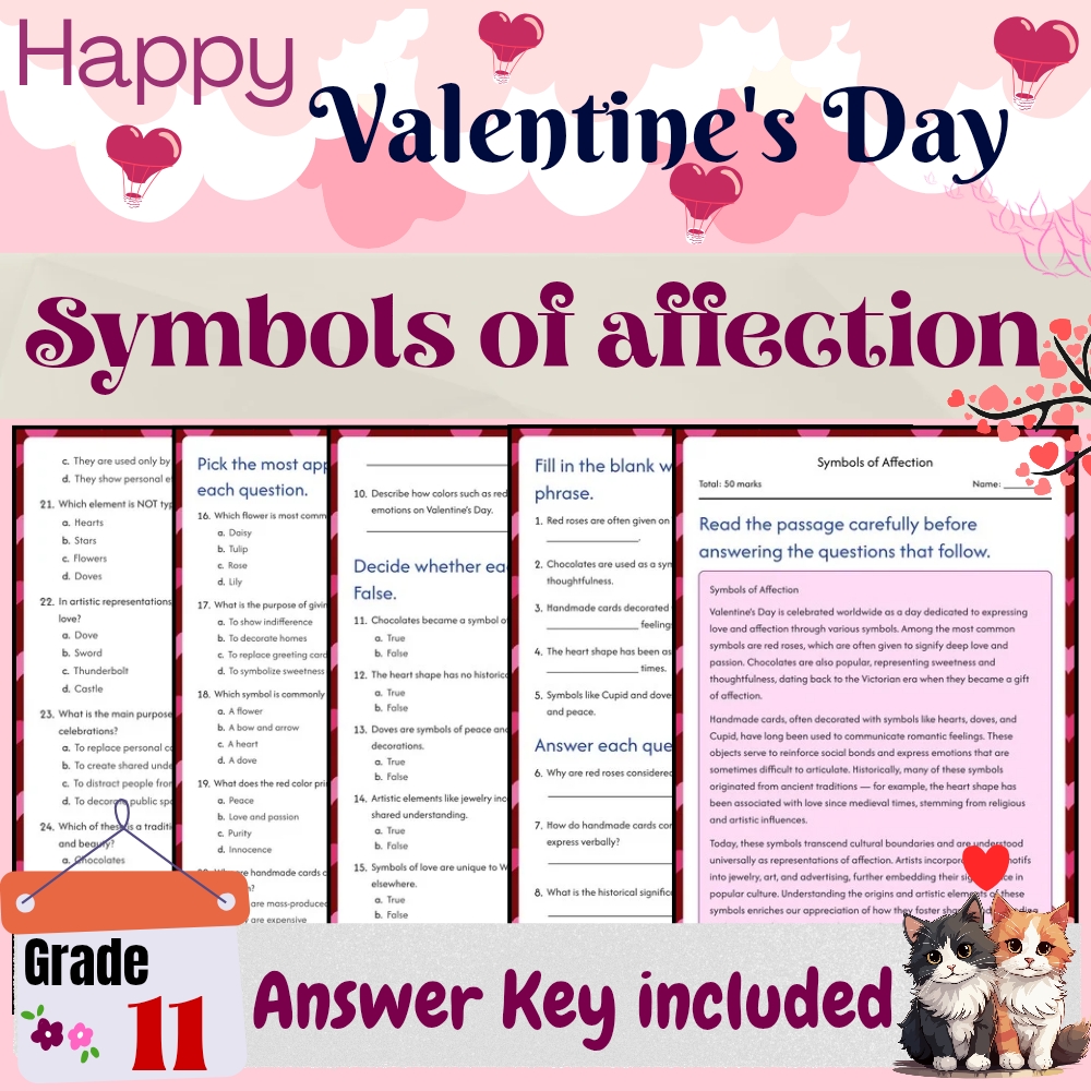 Grade 11 Seasonal Bundle Valentine’s Day Symbols & Love Origins (PDF+Answer Key) — included worksheet 5