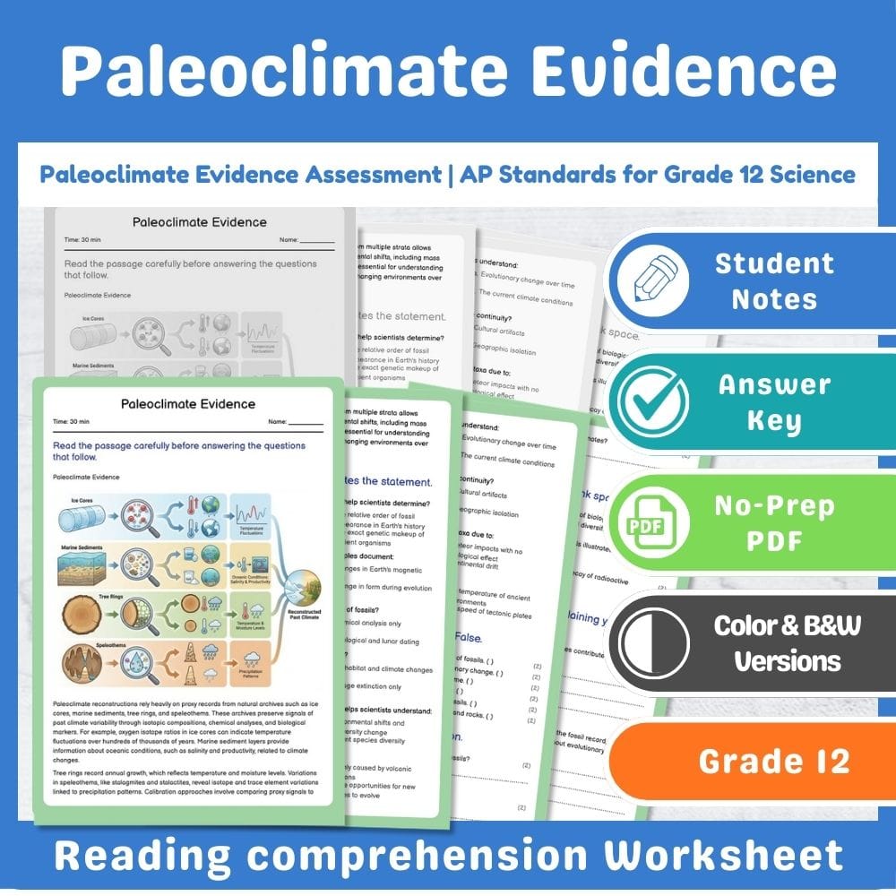 Grade 12 Science assessment worksheet — Paleoclimate Evidence Assessment | AP Standards for Grade 12 Science — page 1