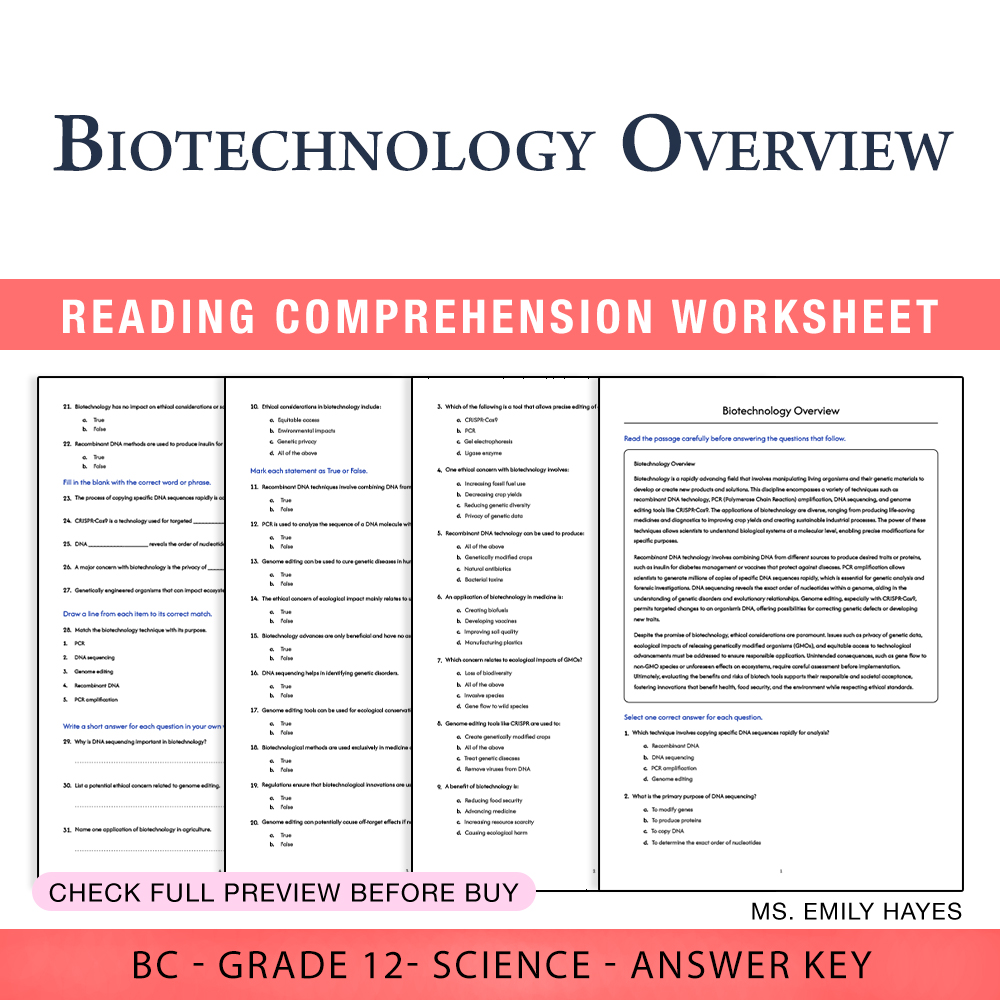 Grade 12 Science worksheet worksheet — 12th Grade Science | Biotechnology Overview Worksheet (PDF + Answer Key) — page 1