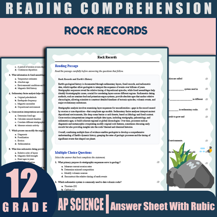 Grade 12 Science reading worksheets worksheet — 12th Grade Science | Rock Records Worksheet (Answer Key) for AP Standards…