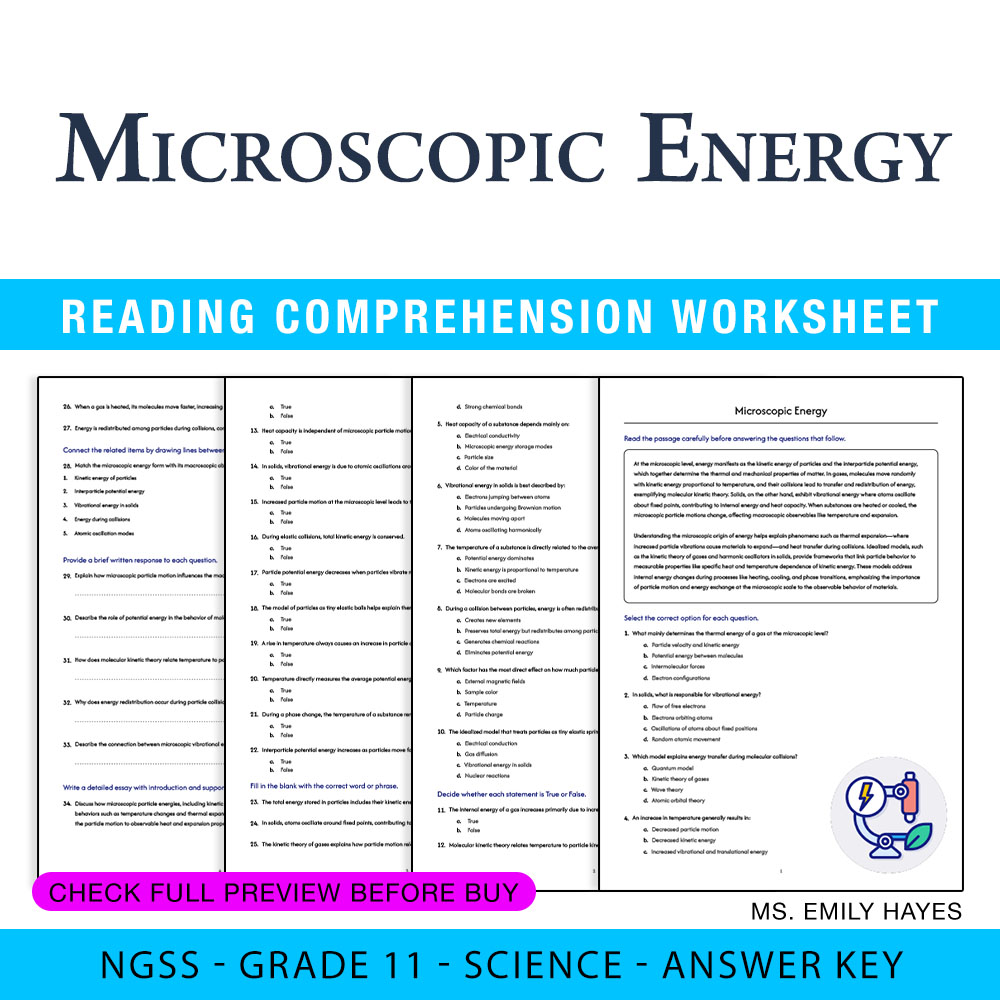 Grade 11 Science worksheet worksheet — 11th Grade Science | Microscopic Energy Concepts Worksheet (PDF+ Answer Key) — page 1