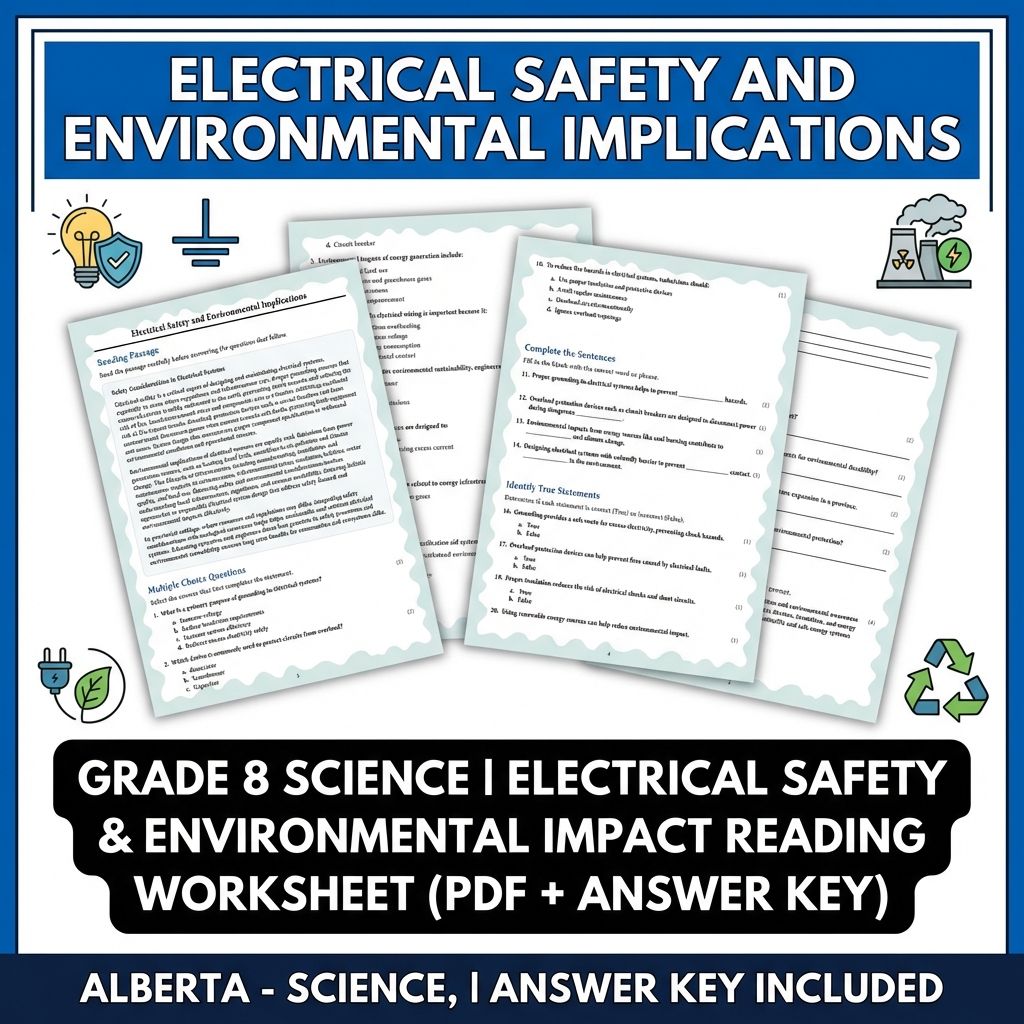 Grade 8 Science reading worksheets — Grade 8 Science | Electrical Safety & Environmental Impact (PDF + Answer Key)