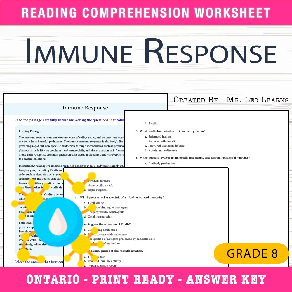 Grade 8 Science worksheet worksheet — Grade 8 Science — Immune Response Worksheet for Mastery — page 1