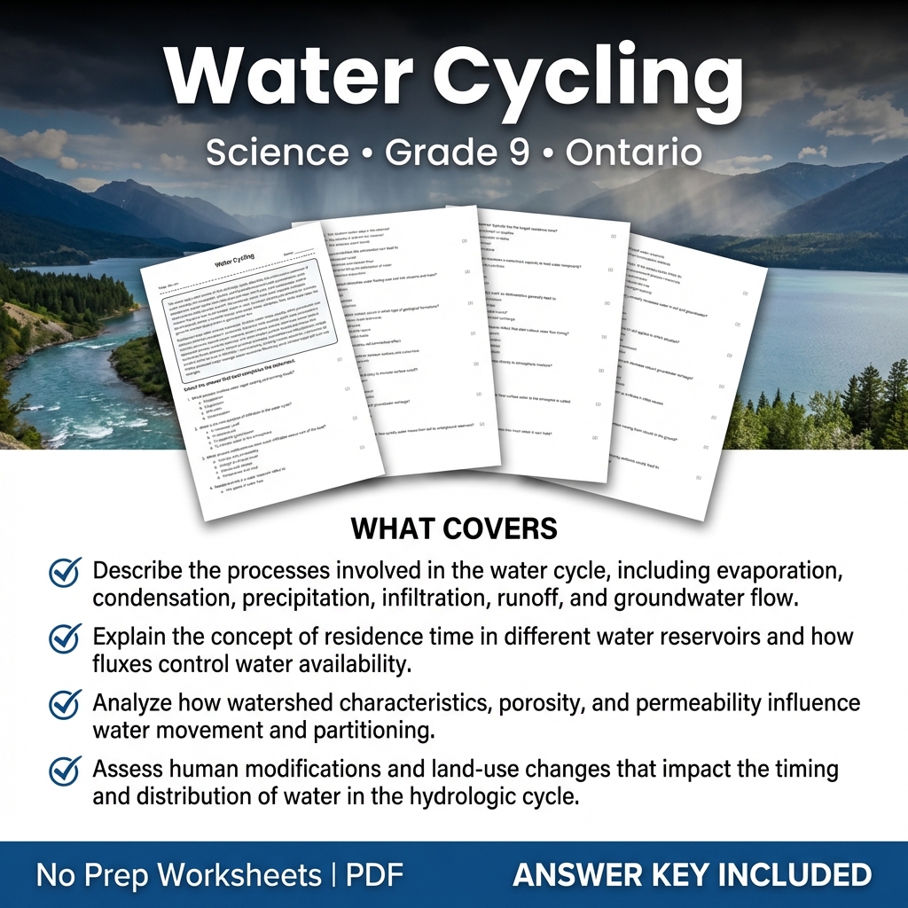 Water Cycling Science Worksheet Grade 9 | Ontario Standards Practice