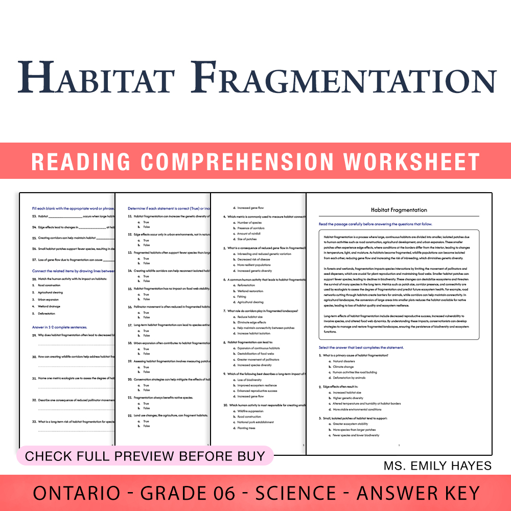 Grade 6 Science worksheet worksheet — 6th Grade Science | Habitat Fragmentation Worksheet (PDF+ Answer Key) — page 1