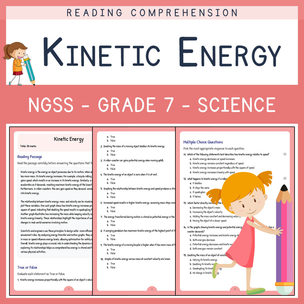 Grade 7 Science worksheet worksheet — Grade 7 Science | Kinetic Energy Worksheet & Answer Key (NGSS-Aligned) — page 1
