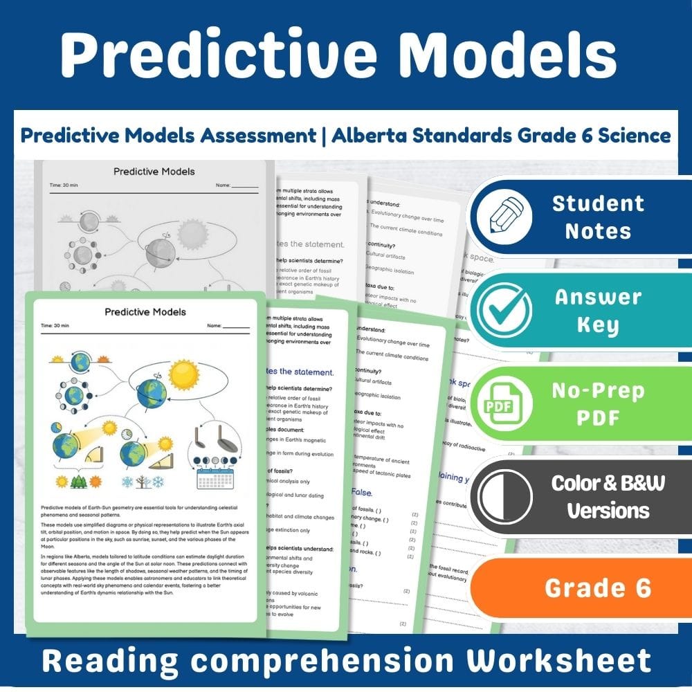 Grade 6 Science assessment worksheet — Predictive Models Assessment | Alberta Standards Grade 6 Science — page 1