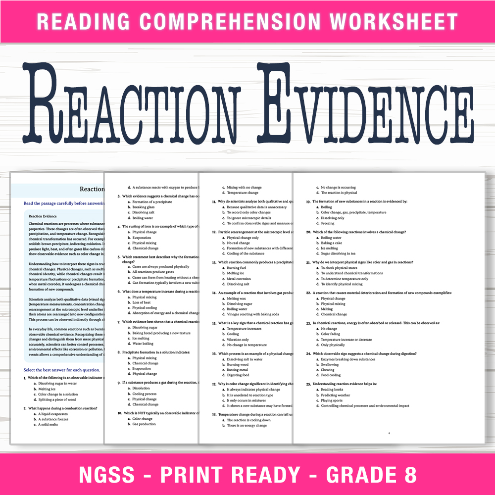 Grade 8 Science worksheet worksheet — Grade 8 Science | Reaction Evidence Worksheet (PDF + Answer Key) — page 1