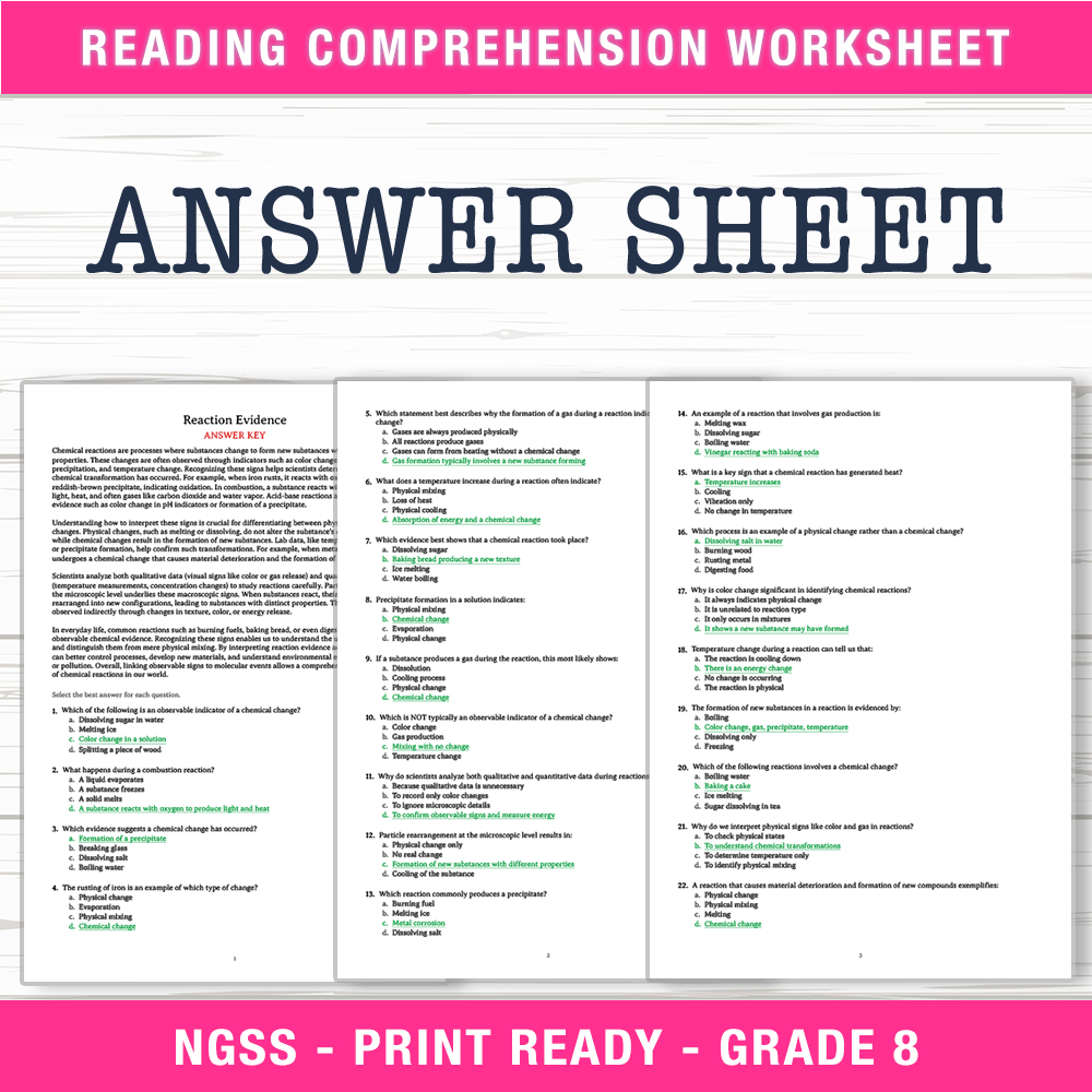 Grade 8 Science worksheet worksheet — Grade 8 Science | Reaction Evidence Worksheet (PDF + Answer Key) — page 2