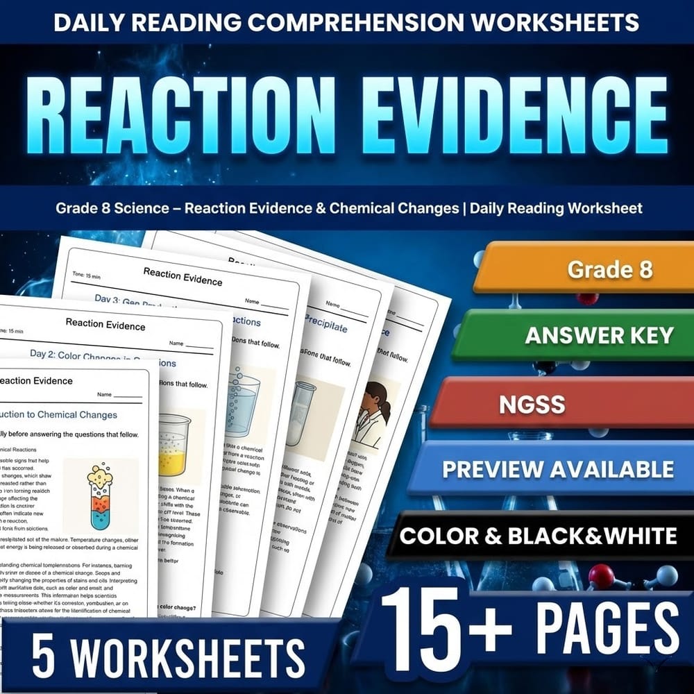 Grade 8 Science daily reading worksheet — Grade 8 Science – Reaction Evidence & Chemical Changes | Daily Reading Worksheet