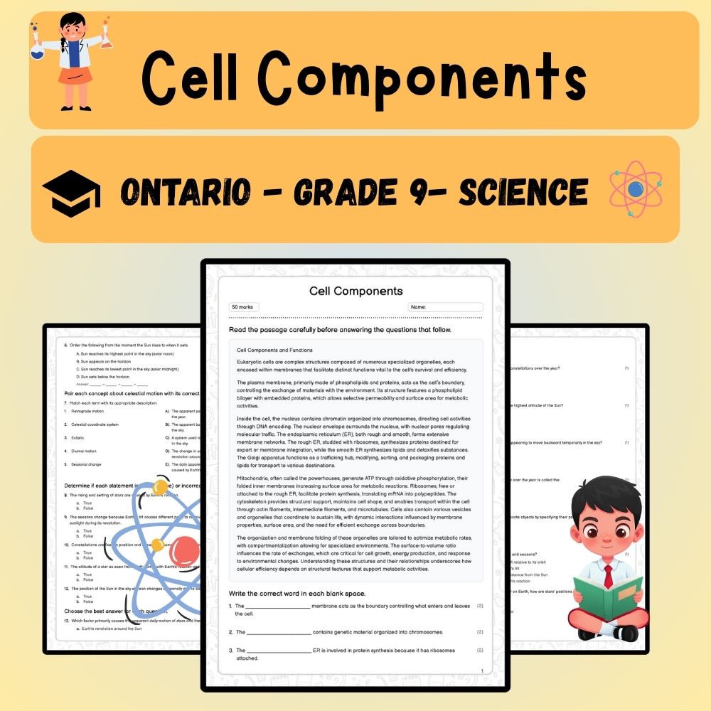 Grade 9 Science worksheet worksheet — Grade 9 Science – Cell Components Worksheet (PDF) | Ontario Standards — page 1