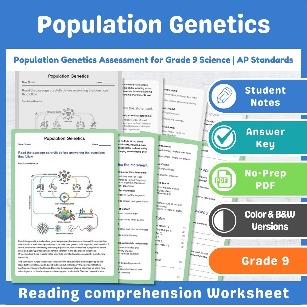 Grade 9 Science assessment worksheet — Population Genetics Assessment for Grade 9 Science | AP Standards — page 1