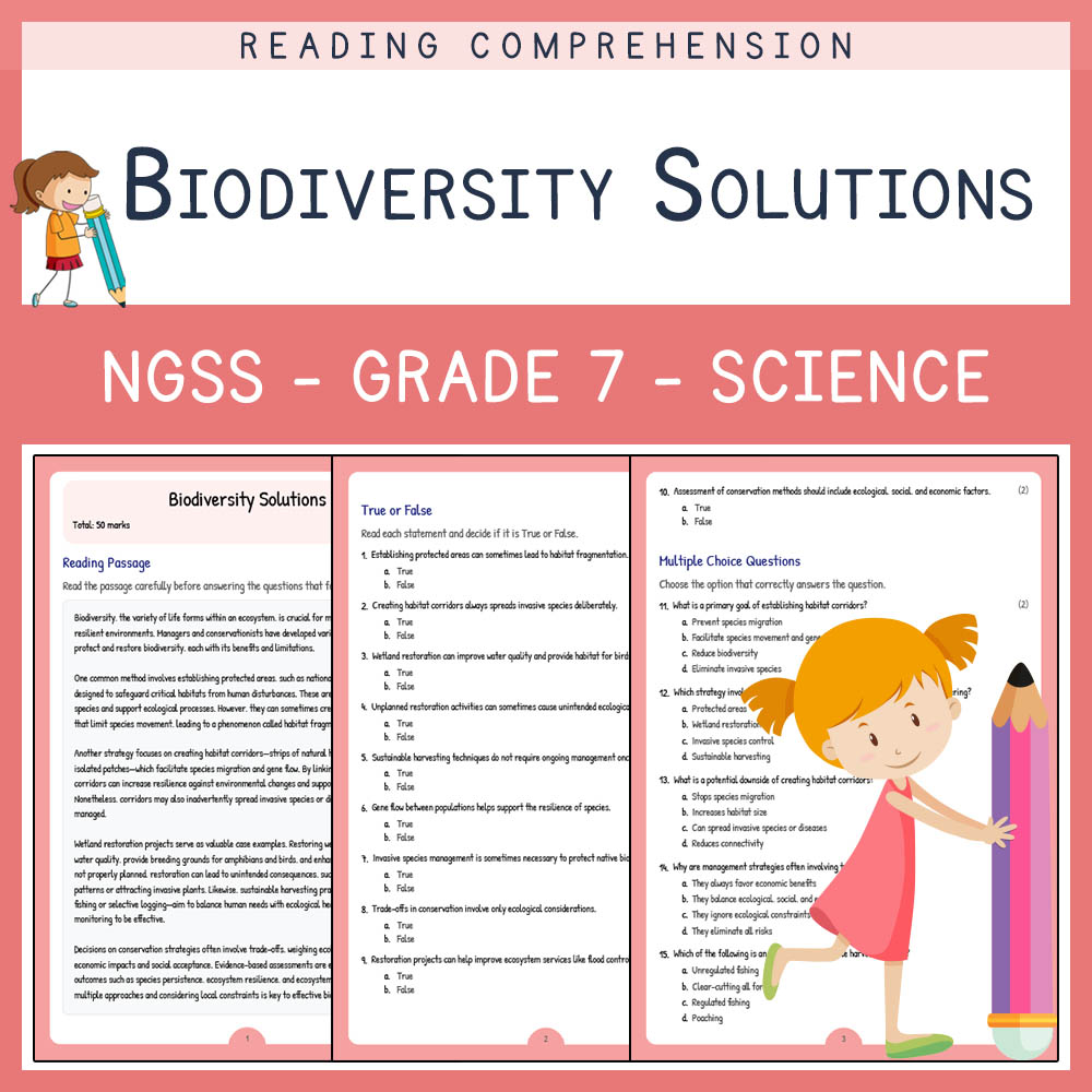 Grade 7 Science worksheet worksheet — Grade 7 Science | Biodiversity Solutions Worksheet (Answer Key & Rubric) — page 1