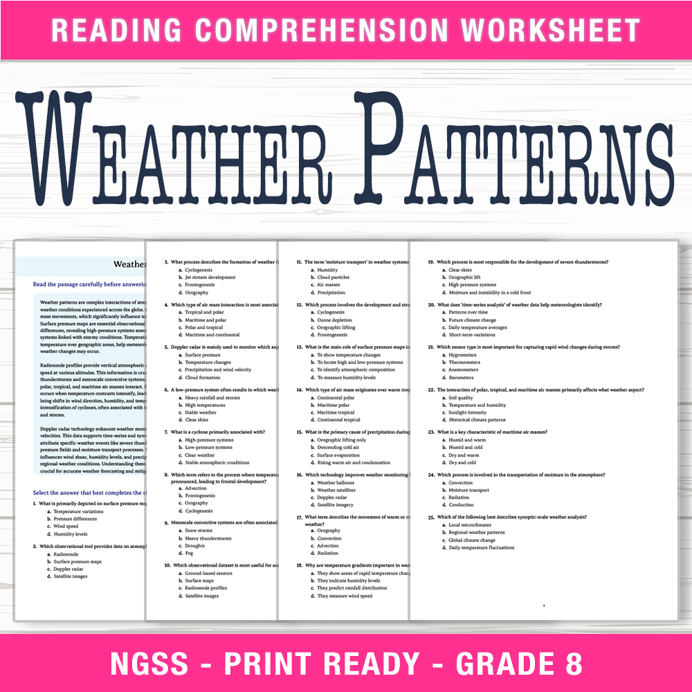 Grade 8 Science worksheet worksheet — Grade 8 Science | Weather Patterns Worksheet (PDF + Answer Key) — page 1