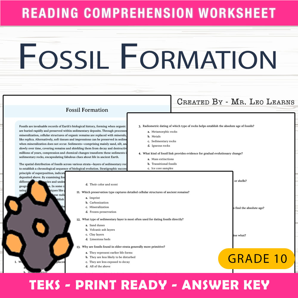 Grade 10 Science worksheet worksheet — Grade 10 Science – Fossil Formation Worksheet for Mastery | PDF + Answer Key — page 1