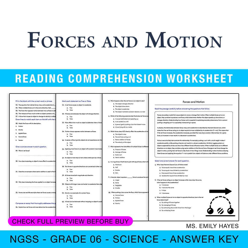 Grade 6 Science — worksheet — 6th Grade Science | Forces and Motion Worksheet (PDF + Answer Key) — page 1