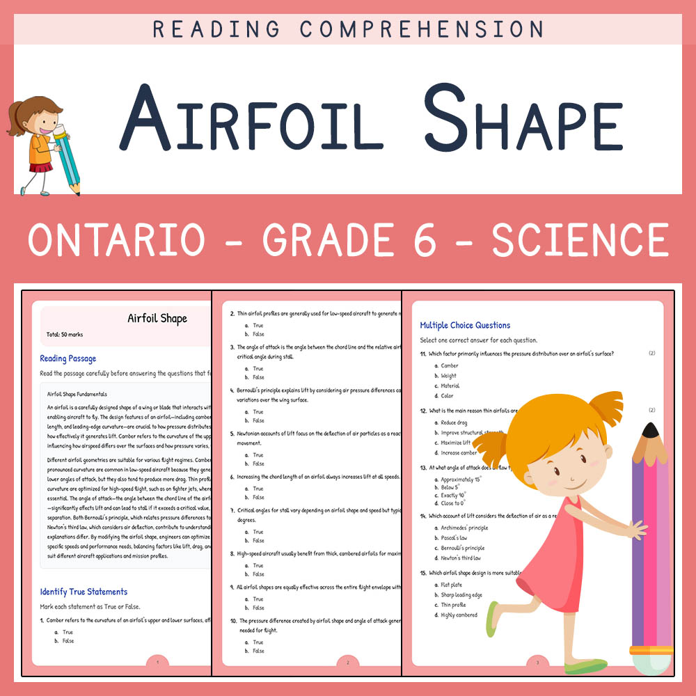 Grade 6 Science worksheet worksheet — Grade 6 Science | Airfoil Shape Worksheet & Answer Key (Ontario Standard) — page 1