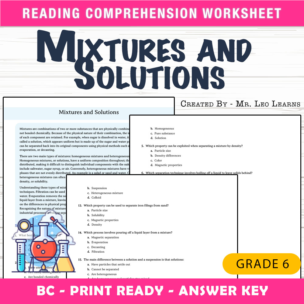 Grade 6 Science worksheet mcq paper worksheet — Grade 6 Science — Mixtures and Solutions Worksheet MCQ Paper — page 1