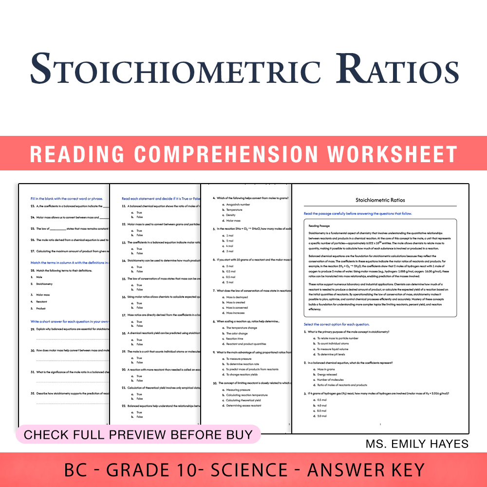 Grade 10 Science worksheet worksheet — Grade 10 Science | Stoichiometric Ratios Worksheet (PDF + Answer Key) — page 1