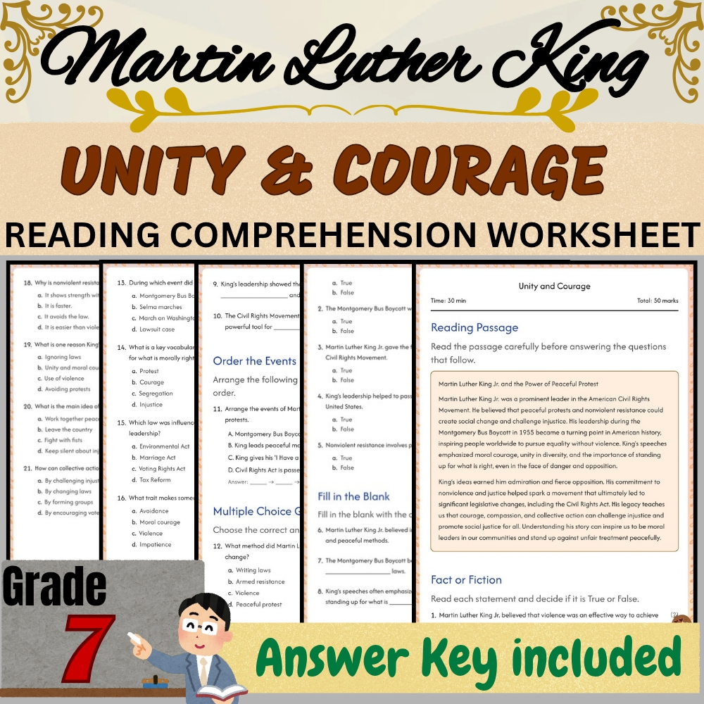 Grade 7 | Martin Luther King Worksheet for Unity & Courage | PDF + Answer Key