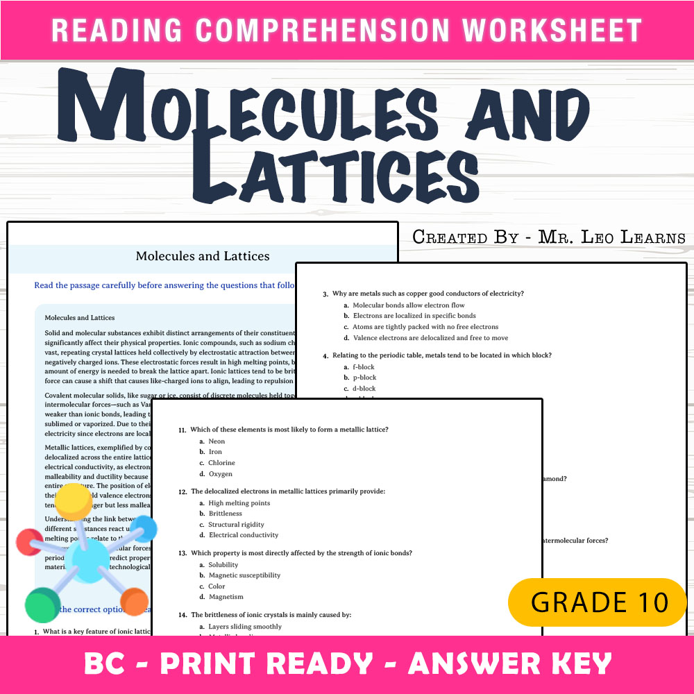 Grade 10 Science worksheet mcq paper worksheet — Grade 10 Science — Molecules and Lattices Worksheet MCQ PDF + Answer Key…