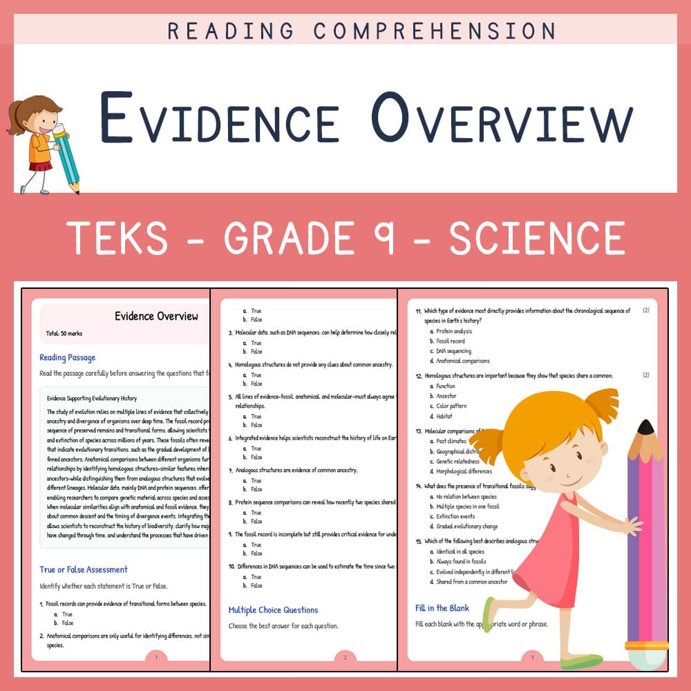 Grade 9 Science worksheet elena worksheet — Grade 9 Science | Evidence Overview Worksheet | TEKS Aligned — page 1
