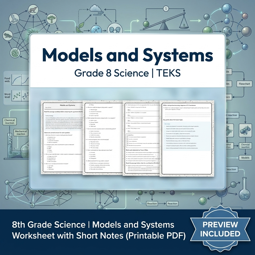 8th Grade Science Models and Systems Worksheet with Short Notes (Printable PDF)