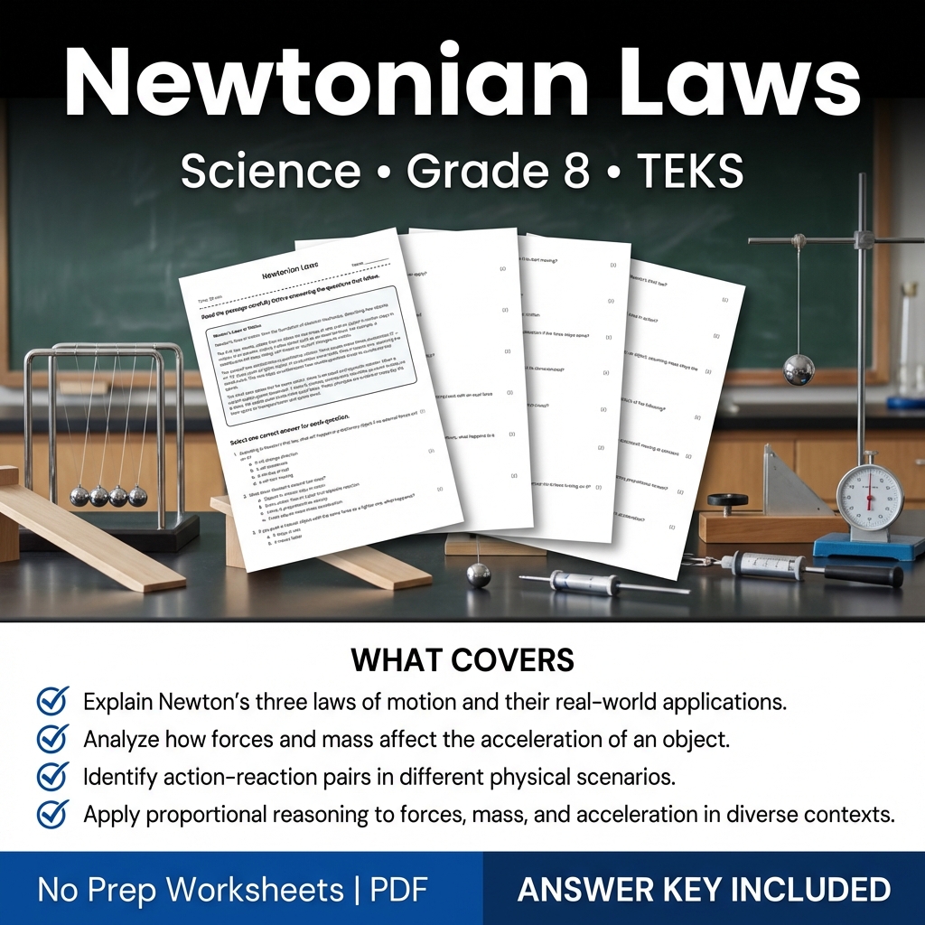 Grade 8 Science Worksheet on Newtonian Laws | TEKS Aligned Practice