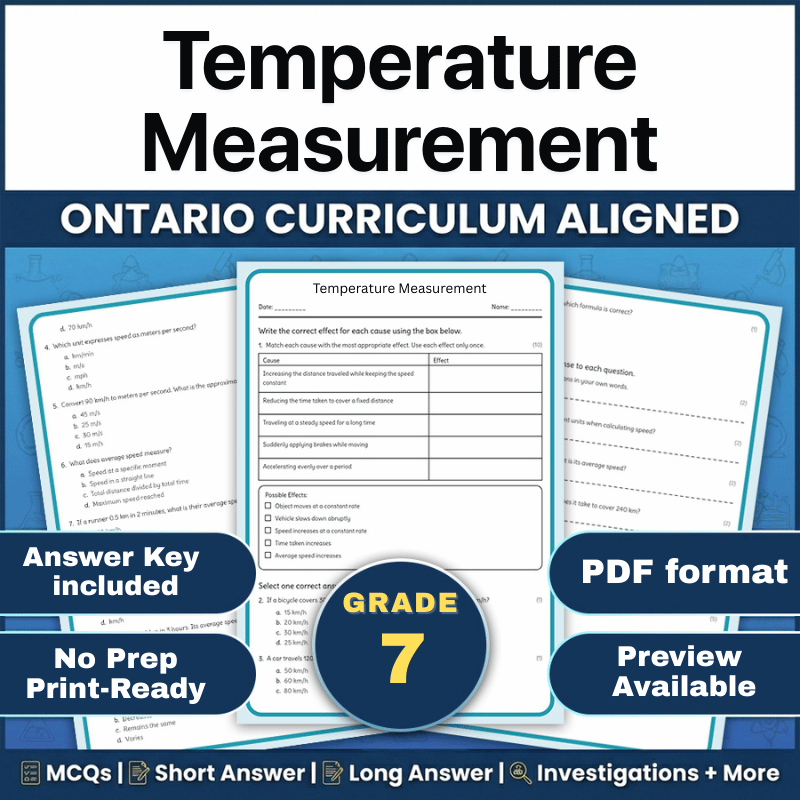Grade 7 Science Worksheet – Temperature Measurement (PDF) – Ontario Standards