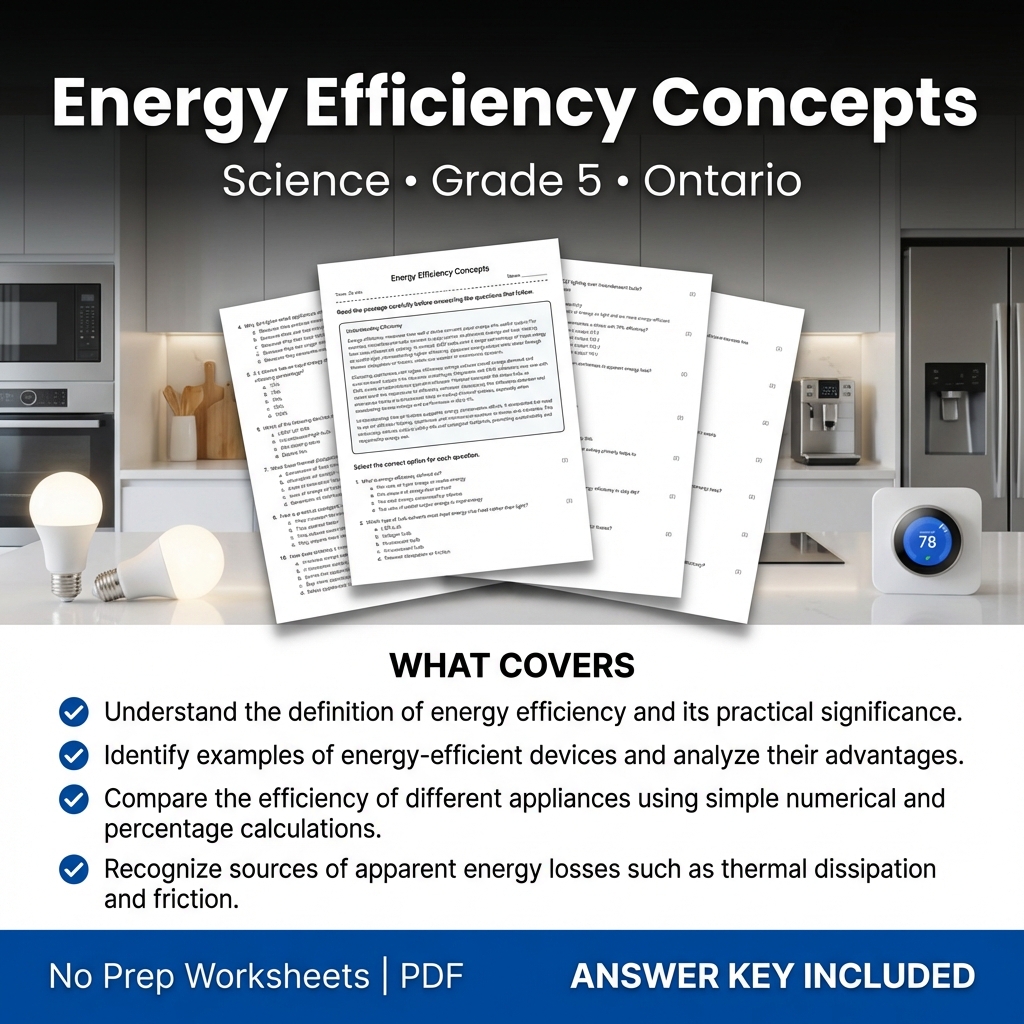 Grade 5 Science Worksheet on Energy Efficiency Concepts for Classroom Practice