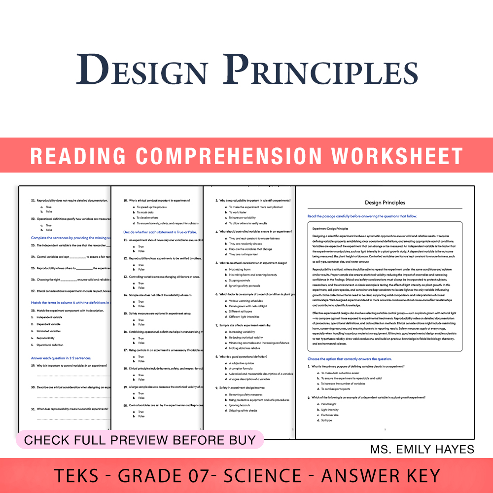 Grade 7 Science worksheet worksheet — 7th Grade Science | Design Principles Worksheet (PDF+ Answer Key) — page 1