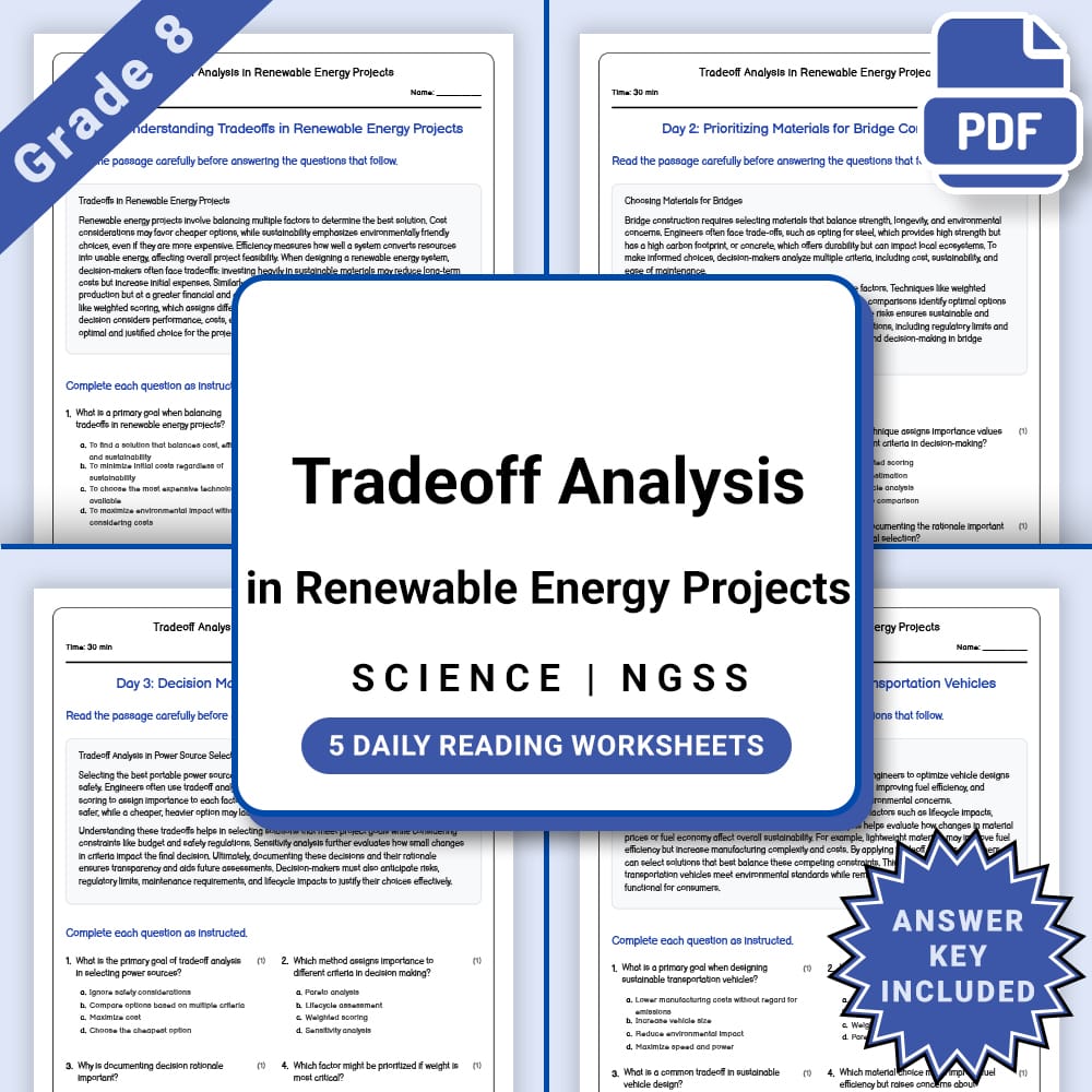 Grade 8 Science daily reading worksheet worksheet — Grade 8 Science – Tradeoff Analysis in Renewable Energy Projects(PDF +…
