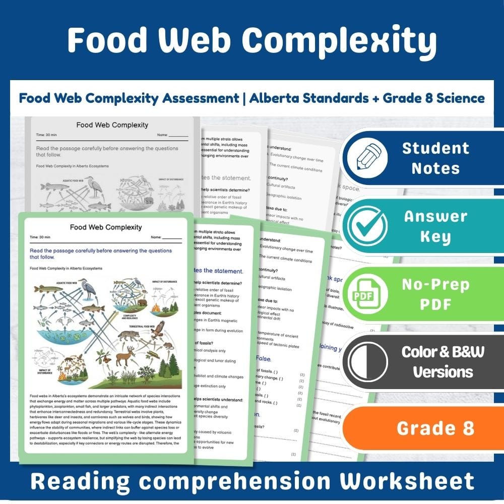 Grade 8 Science assessment worksheet — Food Web Complexity Assessment | Alberta Standards + Grade 8 Science — page 1