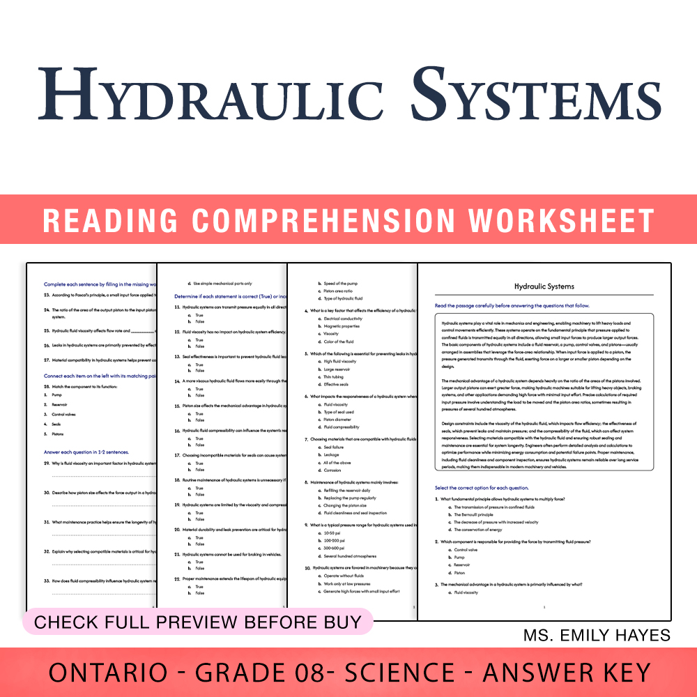 Grade 8 Science worksheet worksheet — 8th Grade Science | Hydraulic Systems Worksheet (PDF+ Answer Key) — page 1