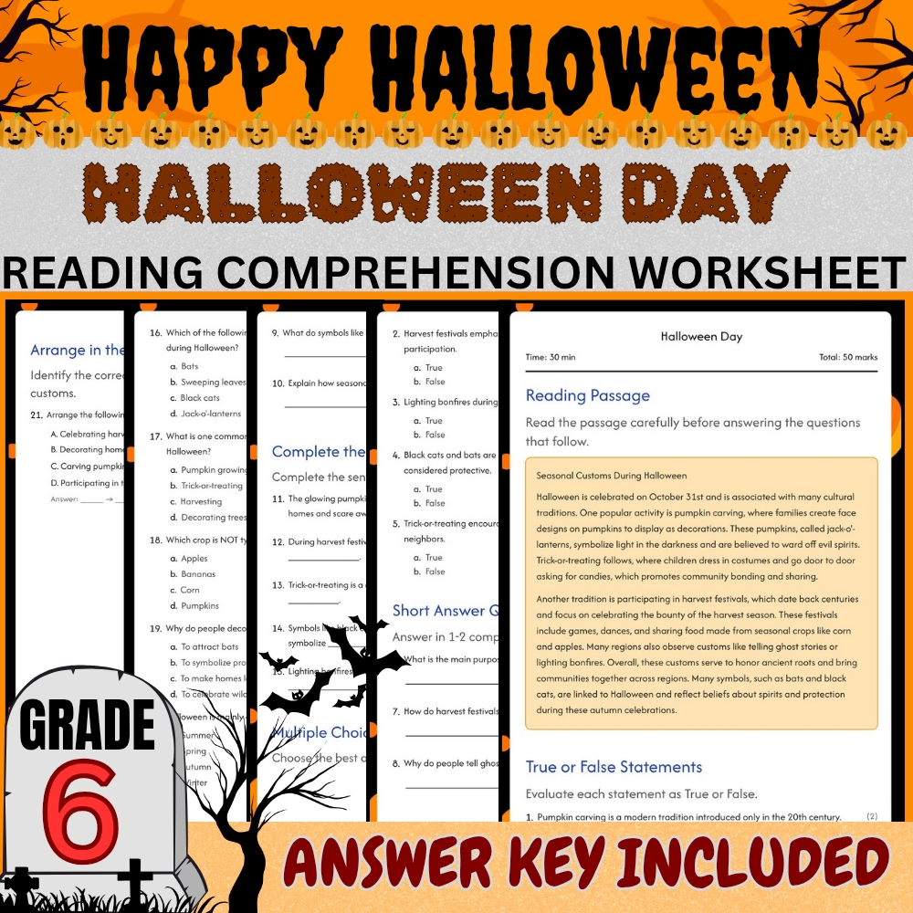 Grade 6 Seasonal Worksheets Bundle | Halloween DayLesson Pack (PDF + Answer Key) — included worksheet 5