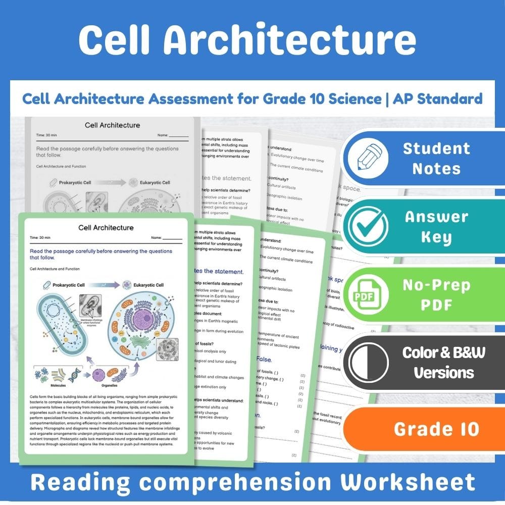 Grade 10 Science assessment worksheet — Cell Architecture Assessment for Grade 10 Science | AP Standard — page 1
