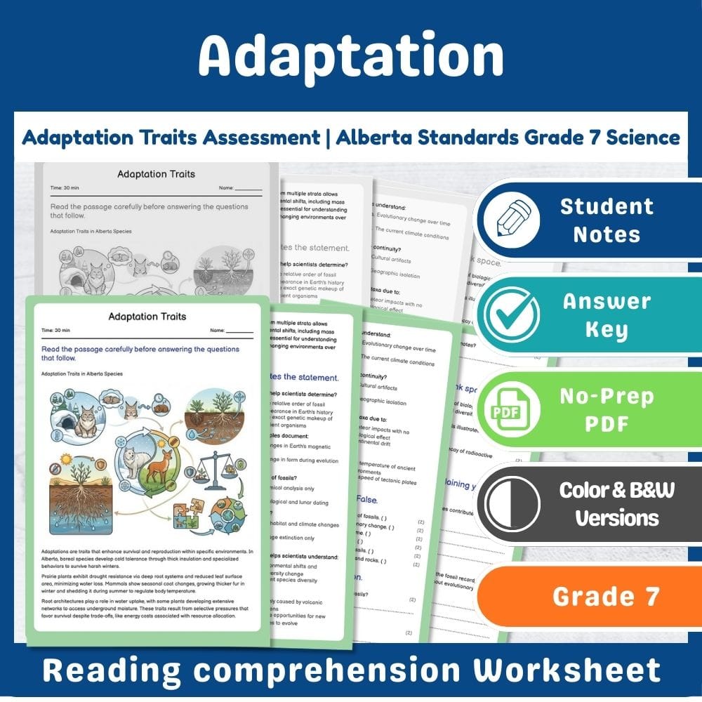 Grade 7 Science assessment worksheet — Adaptation Traits Assessment | Alberta Standards Grade 7 Science — page 1