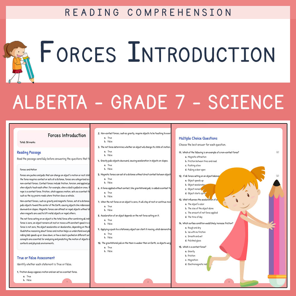 Grade 7 Science worksheet elena worksheet — Grade 7 Science | Forces Introduction Worksheet | Alberta Standard — page 1