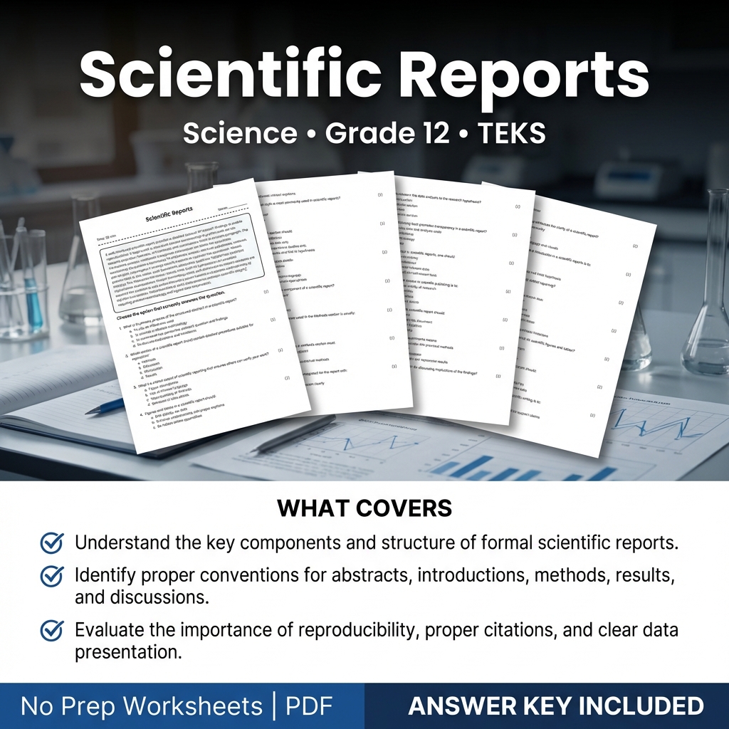 Grade 12 Science Worksheet on Scientific Reports | TEKS Aligned