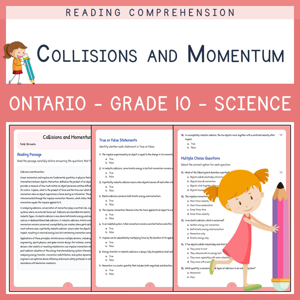 Grade 10 Science worksheet elena worksheet — Grade 10 Science | Collisions and Momentum Worksheet | Ontario Standard — page 1
