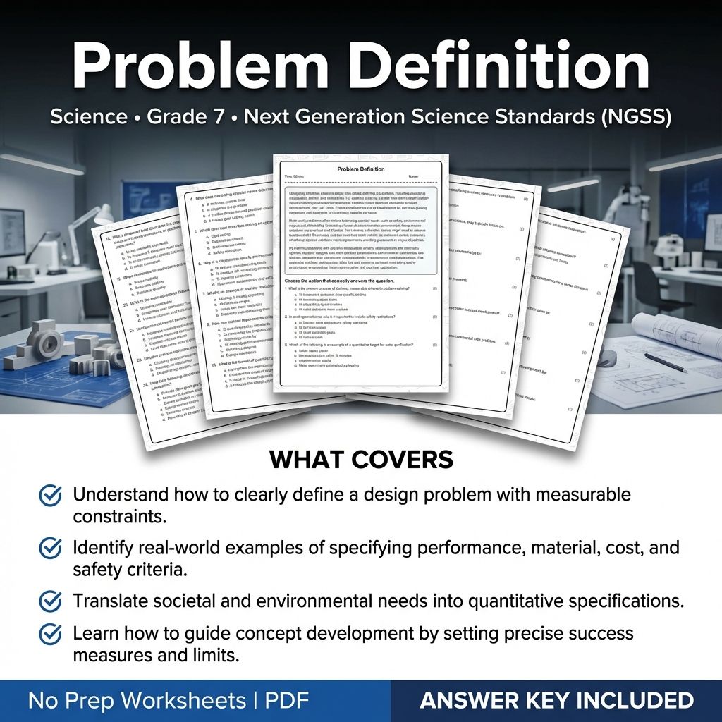 Grade 7 Science worksheet — 7th Grade Science Worksheet | Problem Definition NGSS Practice & Answer Key (Printable)