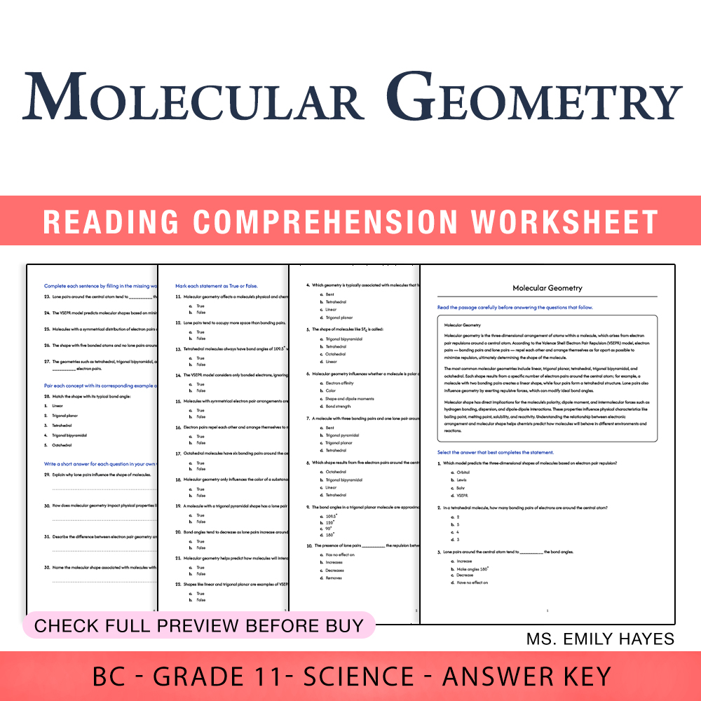 Grade 11 Science worksheet worksheet — 11th Grade Science | Molecular Geometry Worksheet (PDF + Answer Key) — page 1