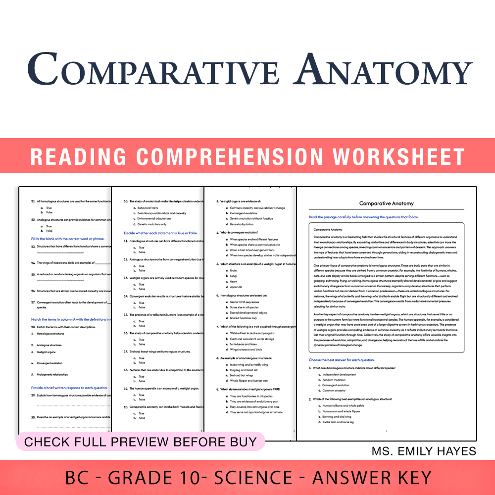 Grade 10 Science worksheet worksheet — 10th Grade Science | Comparative Anatomy Worksheet (PDF+ Answer Key) — page 1